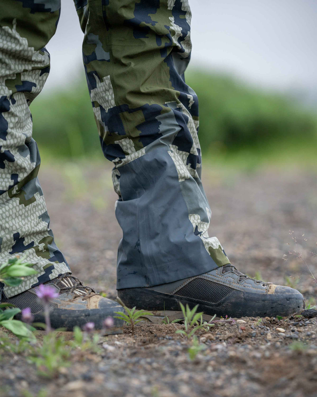 Detail scuff guards for added durability on Chugach TR Rain Pant in Verde Camouflage
