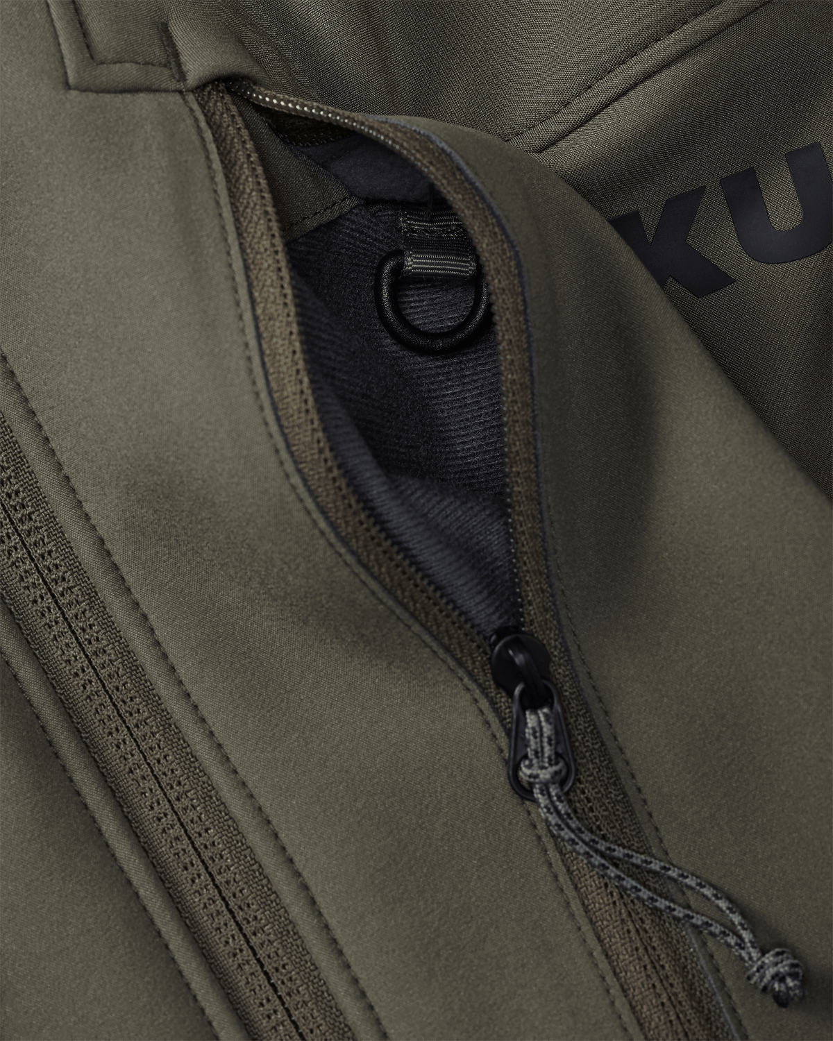Front of Guide Pro Hooded Jacket in Ash Brown Highlighting YKK Zippered Chest Pocket and Interior Accessory Attachment D Ring