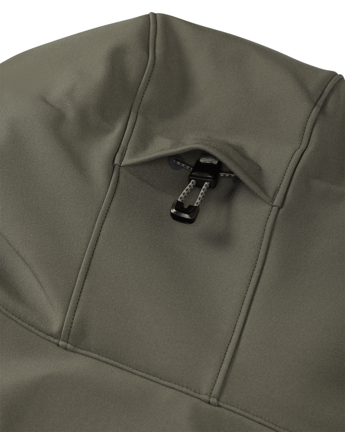 Back of Guide Pro Hooded Jacket in Ash Brown Highlighting 2-way Adjustable Storm Hood