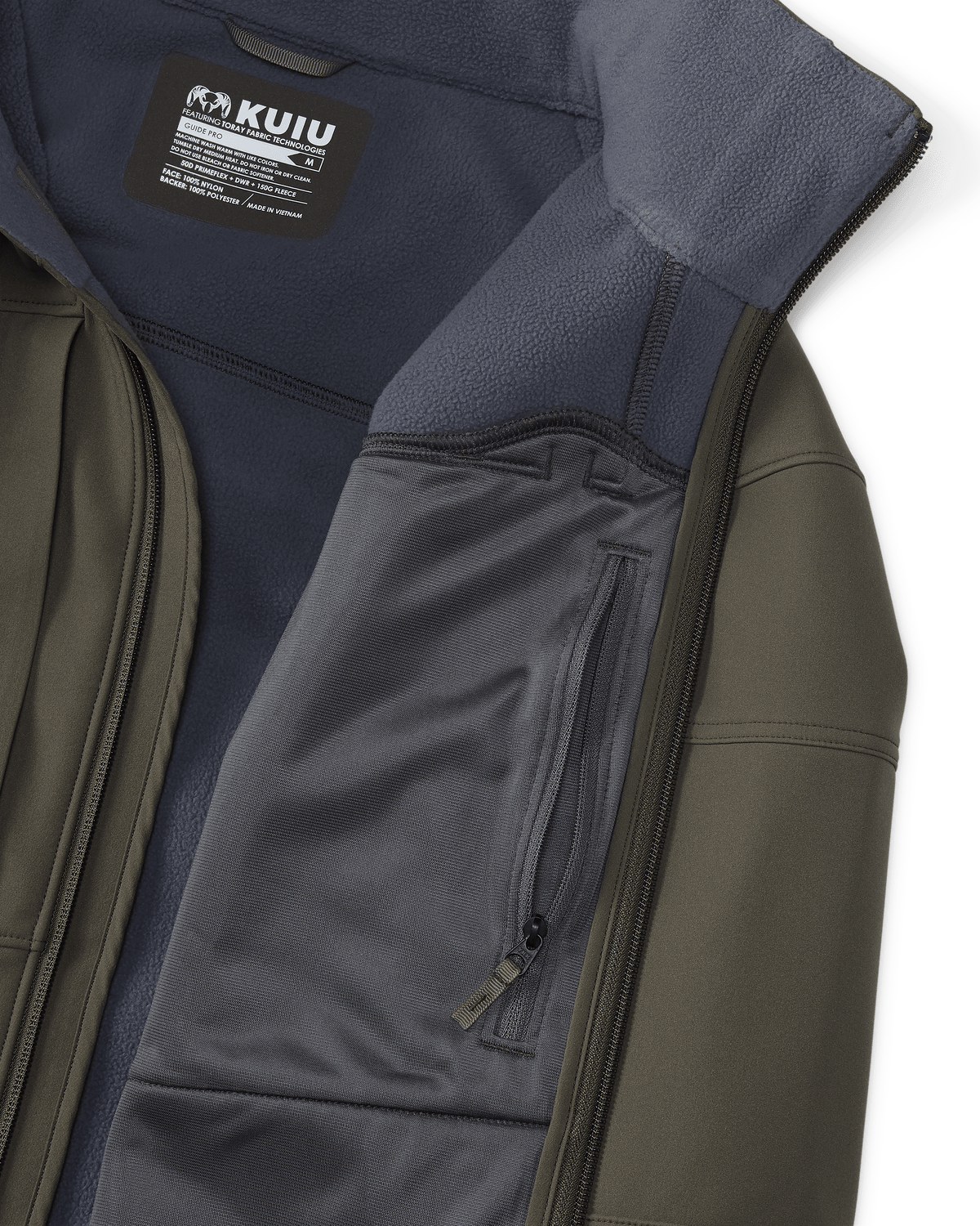 Front, Interior Profile of Guide Pro Hooded Jacket in Ash Brown Highlighting Interior Zippered Chest Pocket and Wind Resistant, Bonded Microfleece Interior