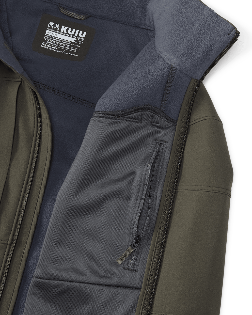 Front, Interior Profile of Guide Pro Hooded Jacket in Ash Brown Highlighting Interior Zippered Chest Pocket and Wind Resistant, Bonded Microfleece Interior