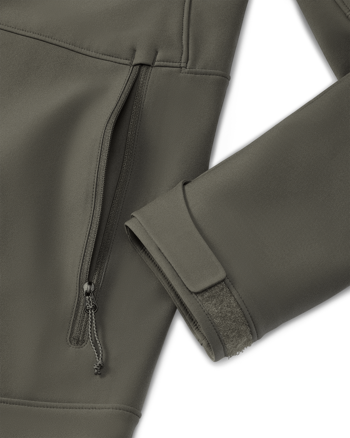 Front of Guide PRO Hooded Jacket in Ash Brown Highlighting YKK Zippered Hand Pocket and Adjustable Hoop and Loop Cuff Closure