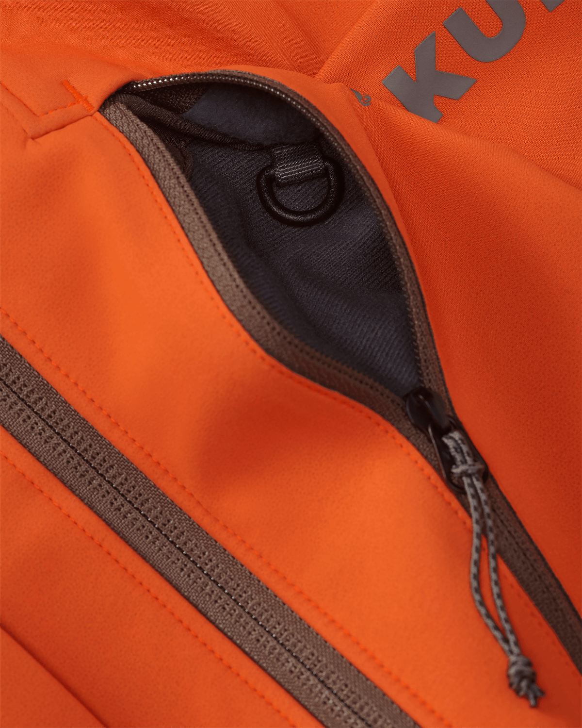 Front of Guide Pro Hooded Jacket in Blaze/ Major Brown Highlighting YKK Zippered Chest Pocket and Interior Accessory Attachment D Ring
