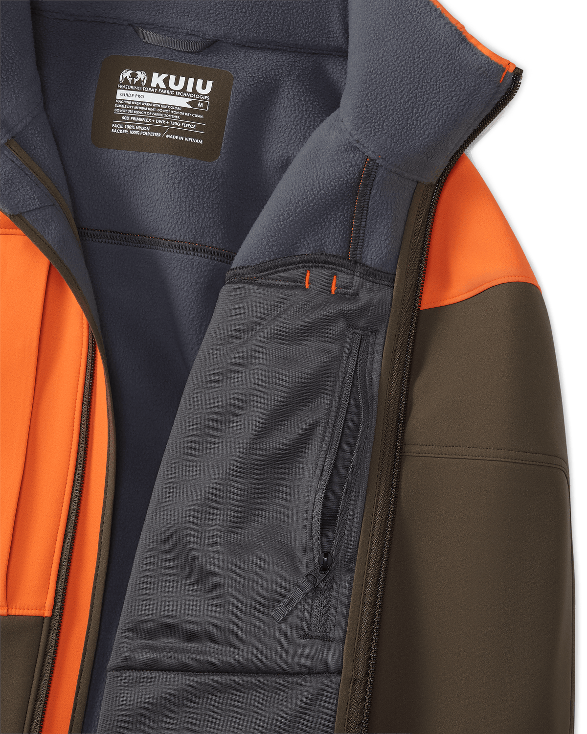 Front, Interior Profile of Guide Pro Hooded Jacket in Blaze/ Major Brown Highlighting Interior Zippered Chest Pocket and Wind Resistant, Bonded Microfleece Interior