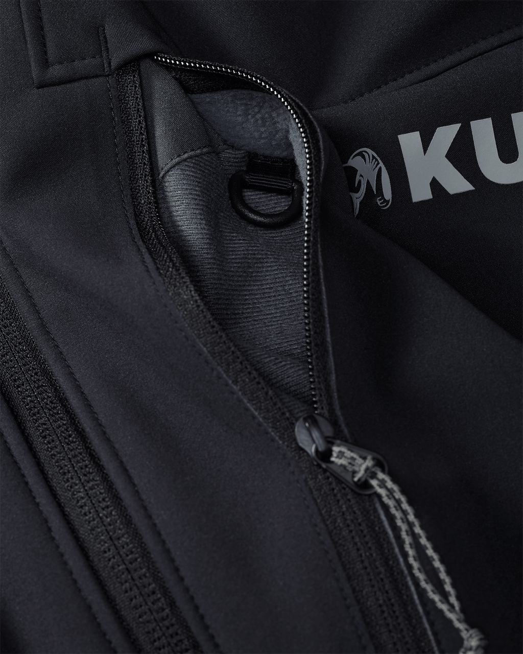 Front of Guide Pro Hooded Jacket in Black Highlighting YKK Zippered Chest Pocket and Interior Accessory Attachment D Ring