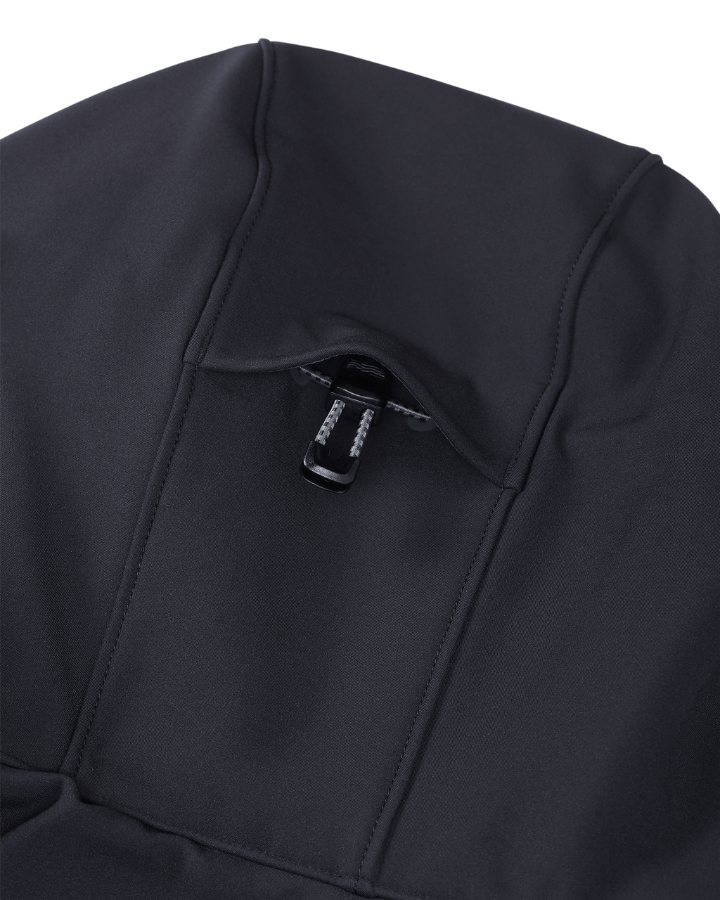 Back of Guide Pro Hooded Jacket in Black Highlighting 2-way Adjustable Storm Hood