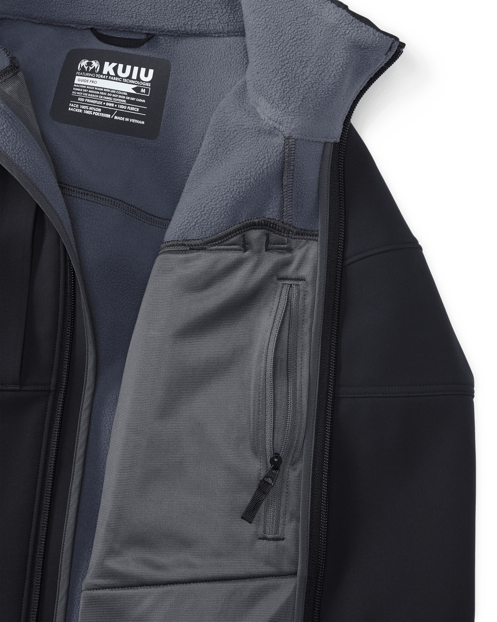 Front, Interior Profile of Guide Pro Hooded Jacket in Black Highlighting Interior Zippered Chest Pocket and Wind Resistant, Bonded Microfleece Interior