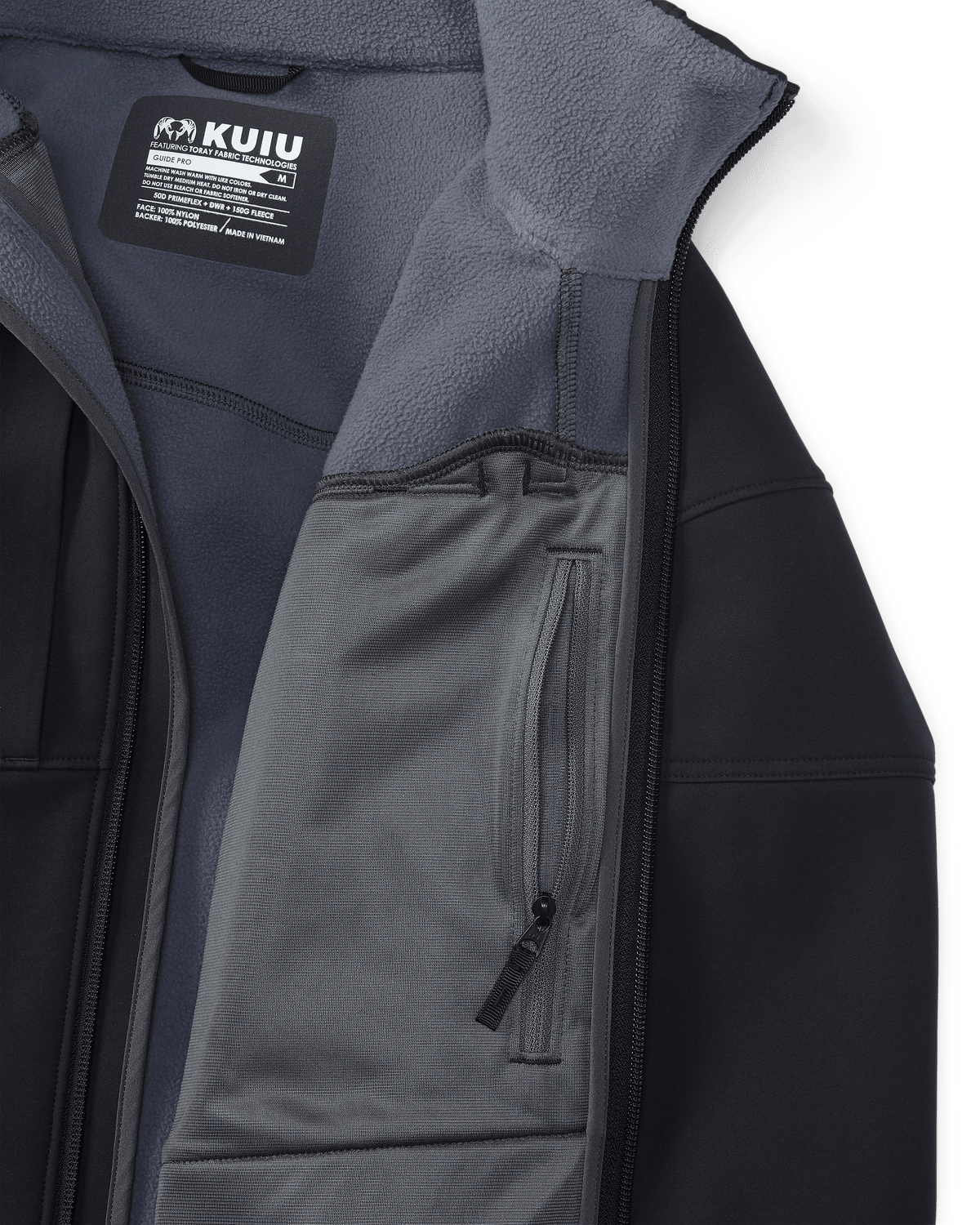 Front, Interior Profile of Guide Pro Hooded Jacket in Black Highlighting Interior Zippered Chest Pocket and Wind Resistant, Bonded Microfleece Interior