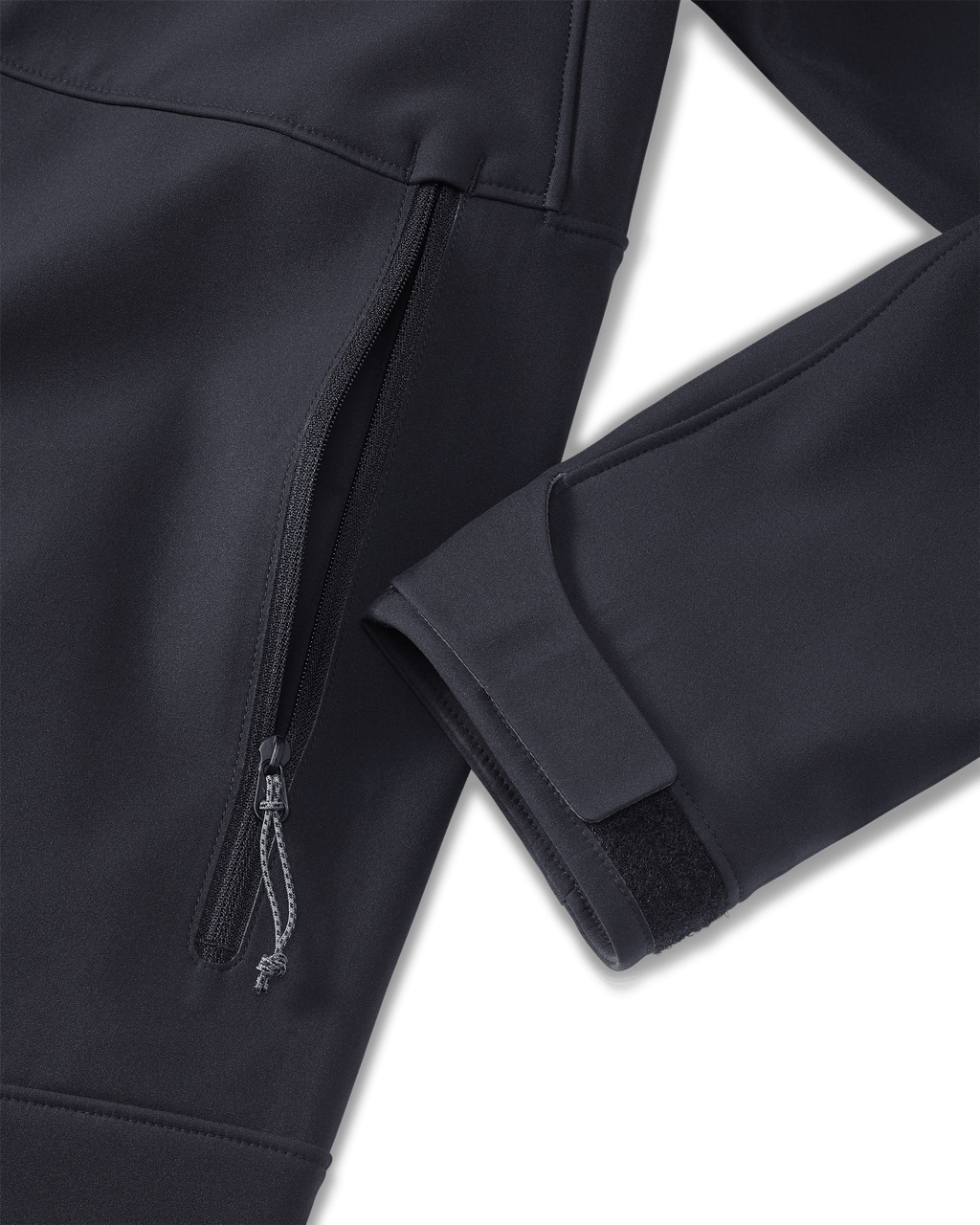 Front of Guide PRO Hooded Jacket in Black Highlighting YKK Zippered Hand Pocket and Adjustable Hoop and Loop Cuff Closure