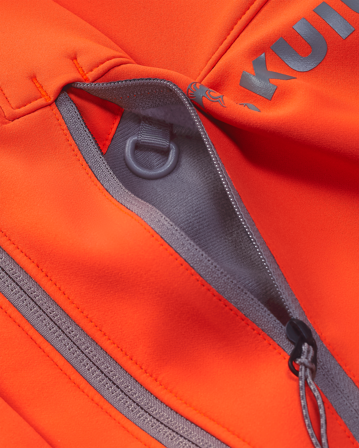 Front of Guide Pro Hooded Jacket in Blaze Orange, Highlighting YKK Zippered Chest Pocket and Interior Accessory Attachment D Ring