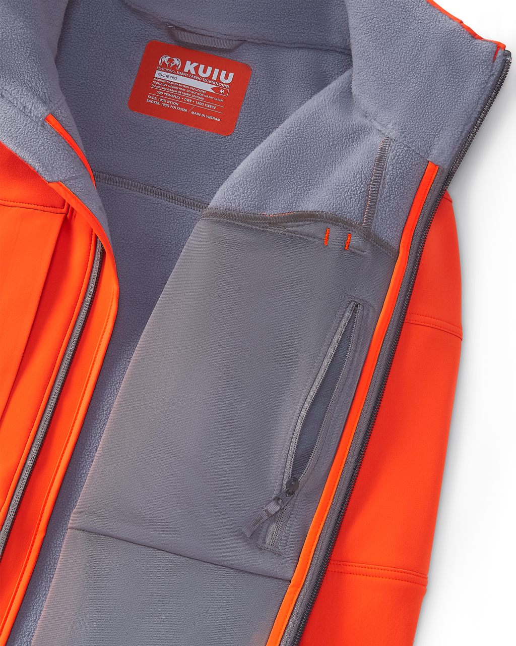 Front, Interior Profile of Guide Pro Hooded Jacket in Blaze Orange, Highlighting Interior Zippered Chest Pocket and Wind Resistant, Bonded Microfleece Interior