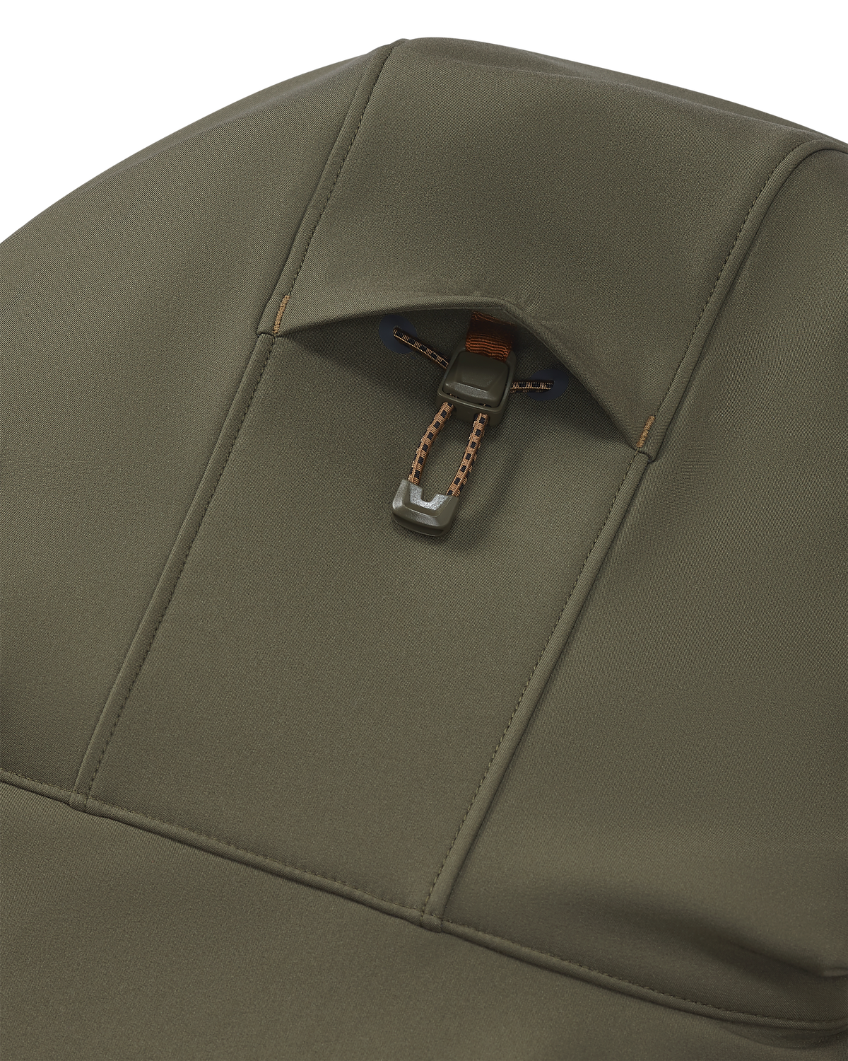 Back of Guide PRO Hooded Jacket in Evergreen, Highlighting 2-way Adjustable Storm Hood