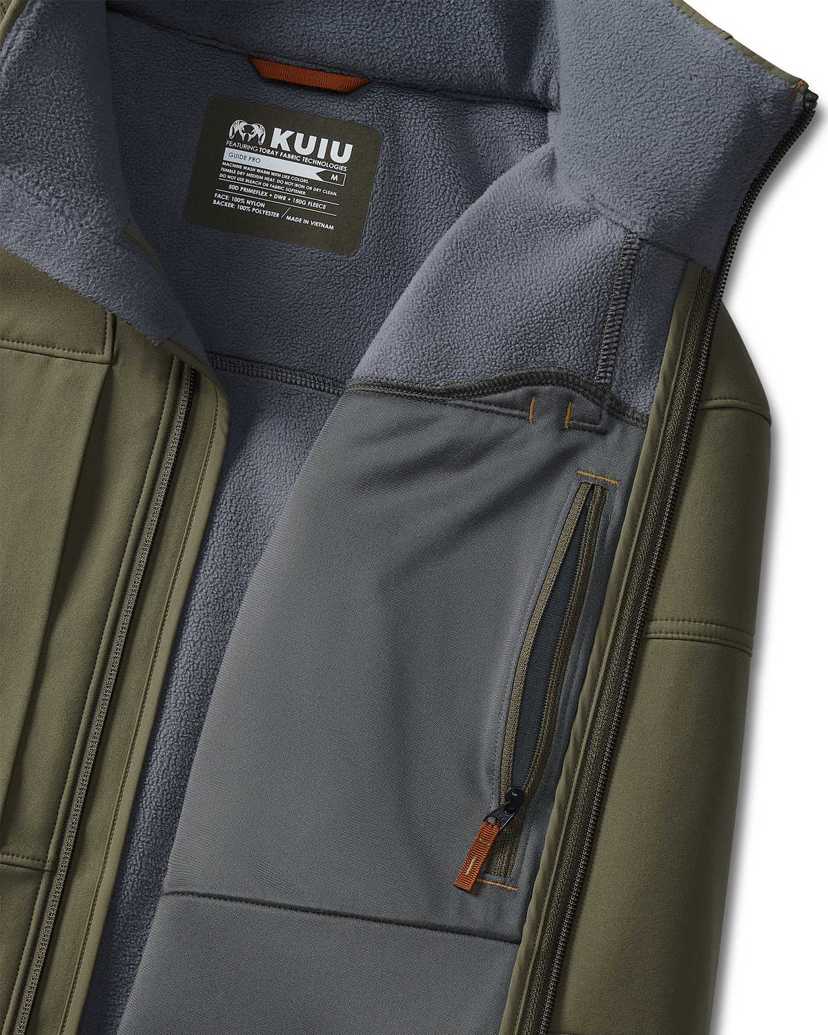 Front, Interior Profile of Guide Pro Hooded Jacket in Evergreen, Highlighting Interior Zippered Chest Pocket and Wind Resistant, Bonded Microfleece Interior