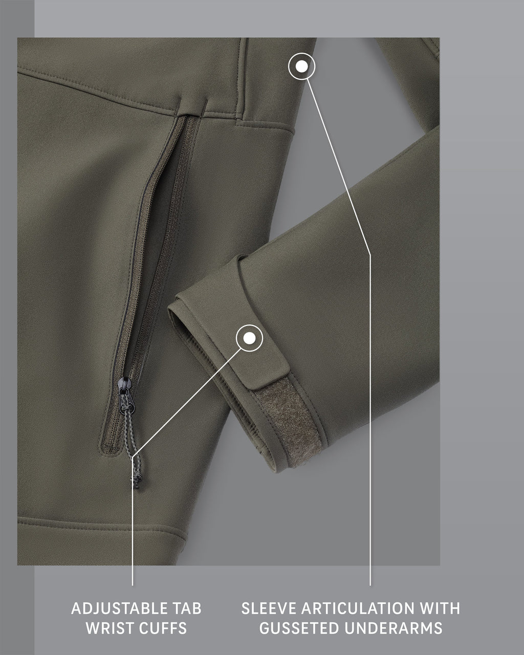 Guide PRO Jacket in Ash Brown, Adjustable Tab Wrist Cuffs and Sleeve Articulation with Gusseted Underarms Detail Callout
