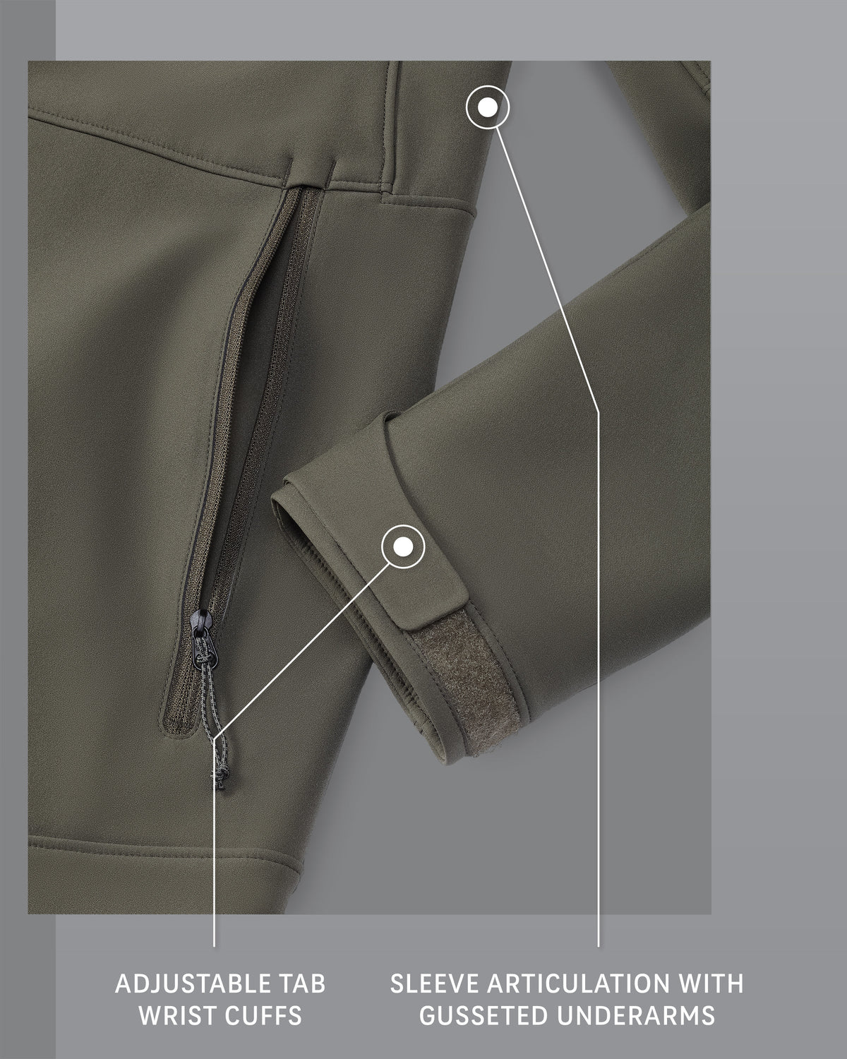 Guide PRO Jacket in Ash Brown, Adjustable Tab Wrist Cuffs and Sleeve Articulation with Gusseted Underarms Detail Callout