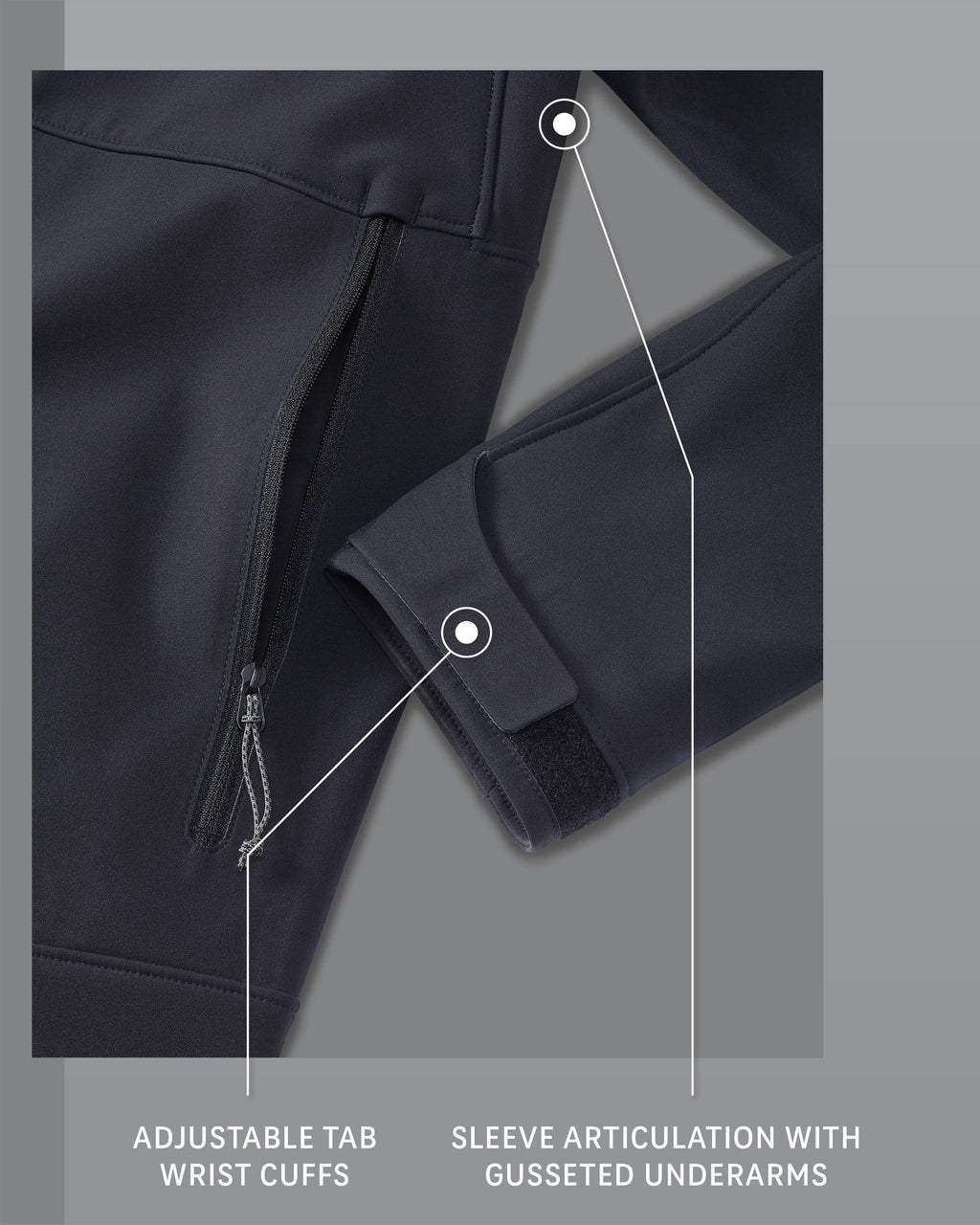 Guide PRO Jacket in Black, Adjustable Tab Wrist Cuffs and Sleeve Articulation with Gusseted Underarms Detail Callout