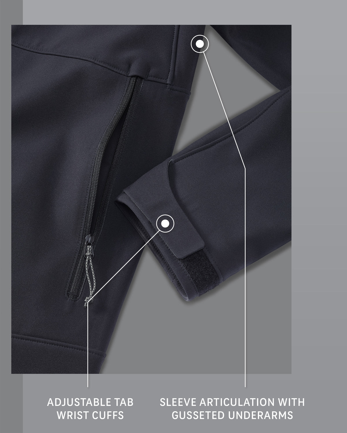 Guide PRO Jacket in Black, Adjustable Tab Wrist Cuffs and Sleeve Articulation with Gusseted Underarms Detail Callout