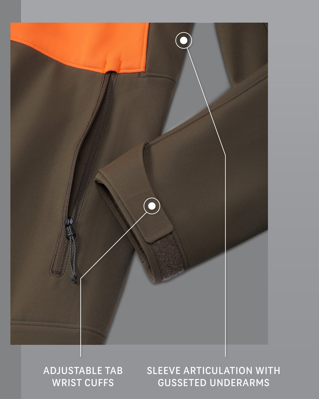 Guide PRO Jacket in Blaze/Major Brown, Adjustable Tab Wrist Cuffs and Sleeve Articulation with Gusseted Underarms Detail Callout