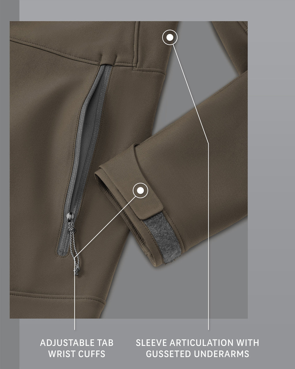 Guide PRO Jacket in Major Brown, Adjustable Tab Wrist Cuffs and Sleeve Articulation with Gusseted Underarms Detail Callout