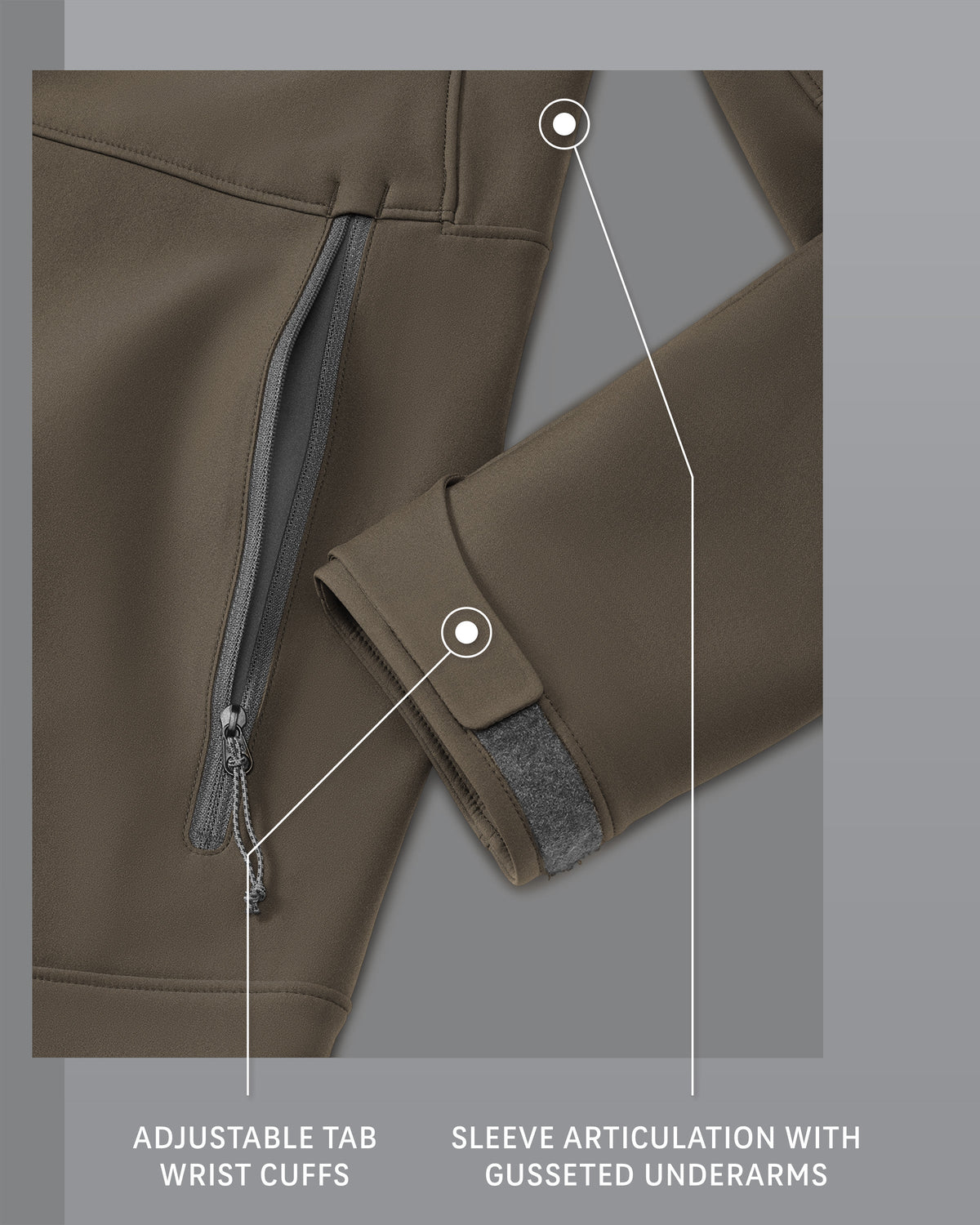 Guide PRO Jacket in Major Brown, Adjustable Tab Wrist Cuffs and Sleeve Articulation with Gusseted Underarms Detail Callout