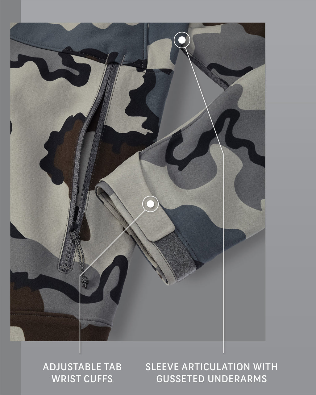 Guide PRO Jacket in Vias Camouflage, Adjustable Tab Wrist Cuffs and Sleeve Articulation with Gusseted Underarms Detail Callout