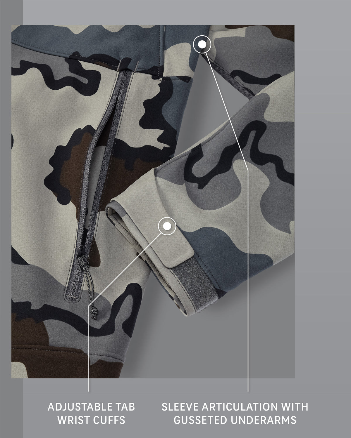 Guide PRO Jacket in Vias Camouflage, Adjustable Tab Wrist Cuffs and Sleeve Articulation with Gusseted Underarms Detail Callout