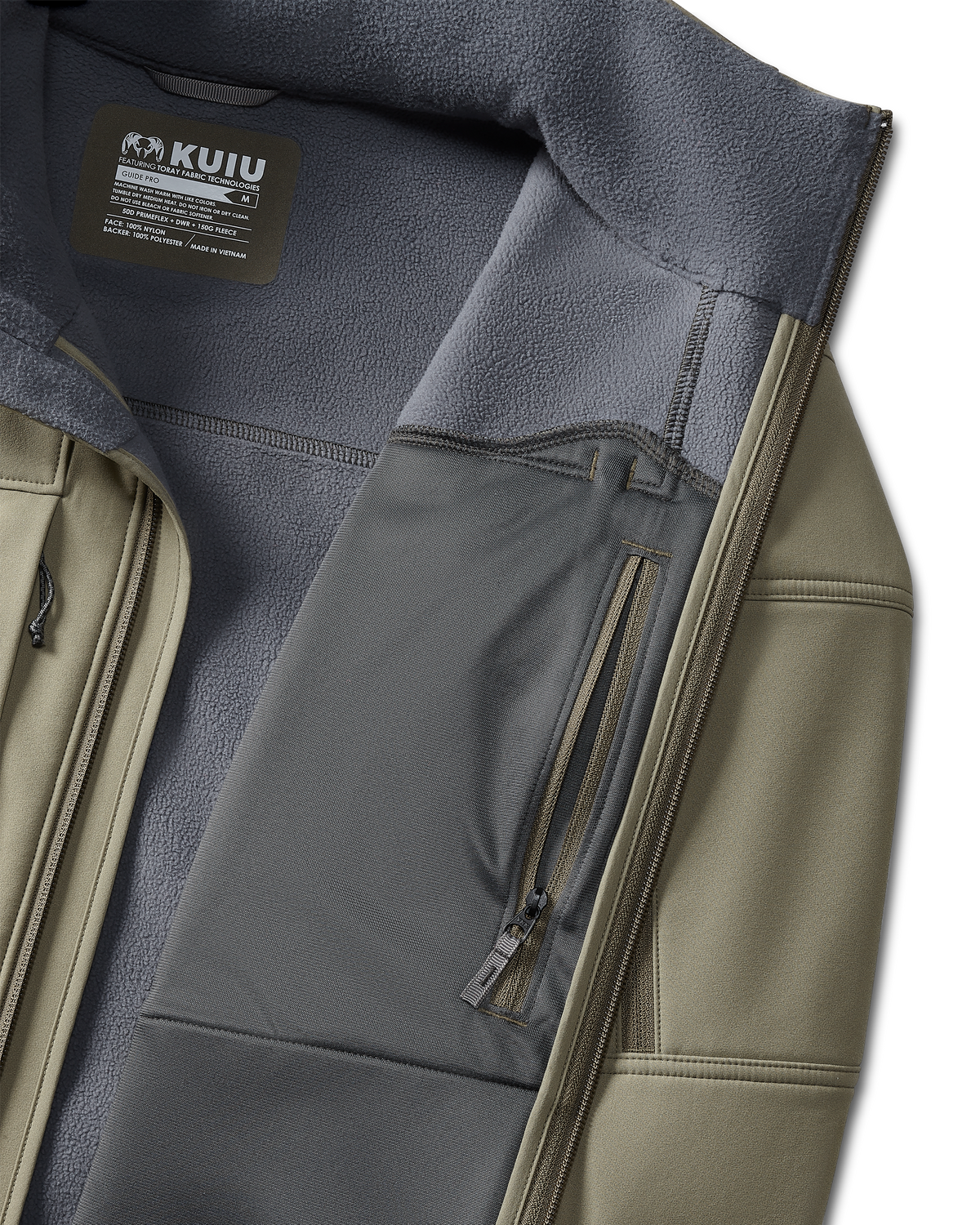 Front, Interior Profile of Guide Pro Hooded Jacket in Arctic Shadow Khaki, Highlighting Interior Zippered Chest Pocket and Wind Resistant, Bonded Microfleece Interior