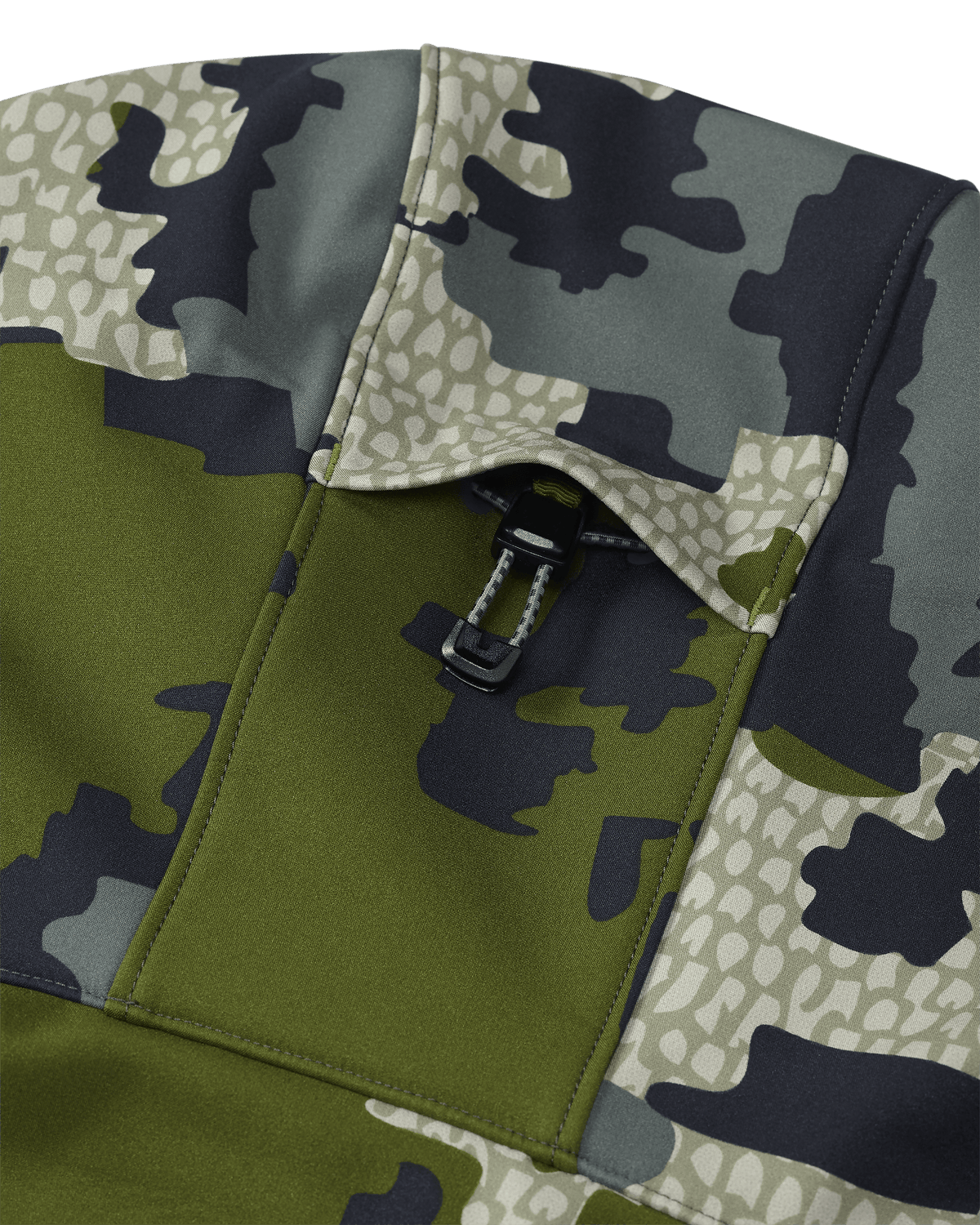 Back of Guide Pro Hooded Jacket in Verde Camouflage Highlighting 2-way Adjustable Storm Hood