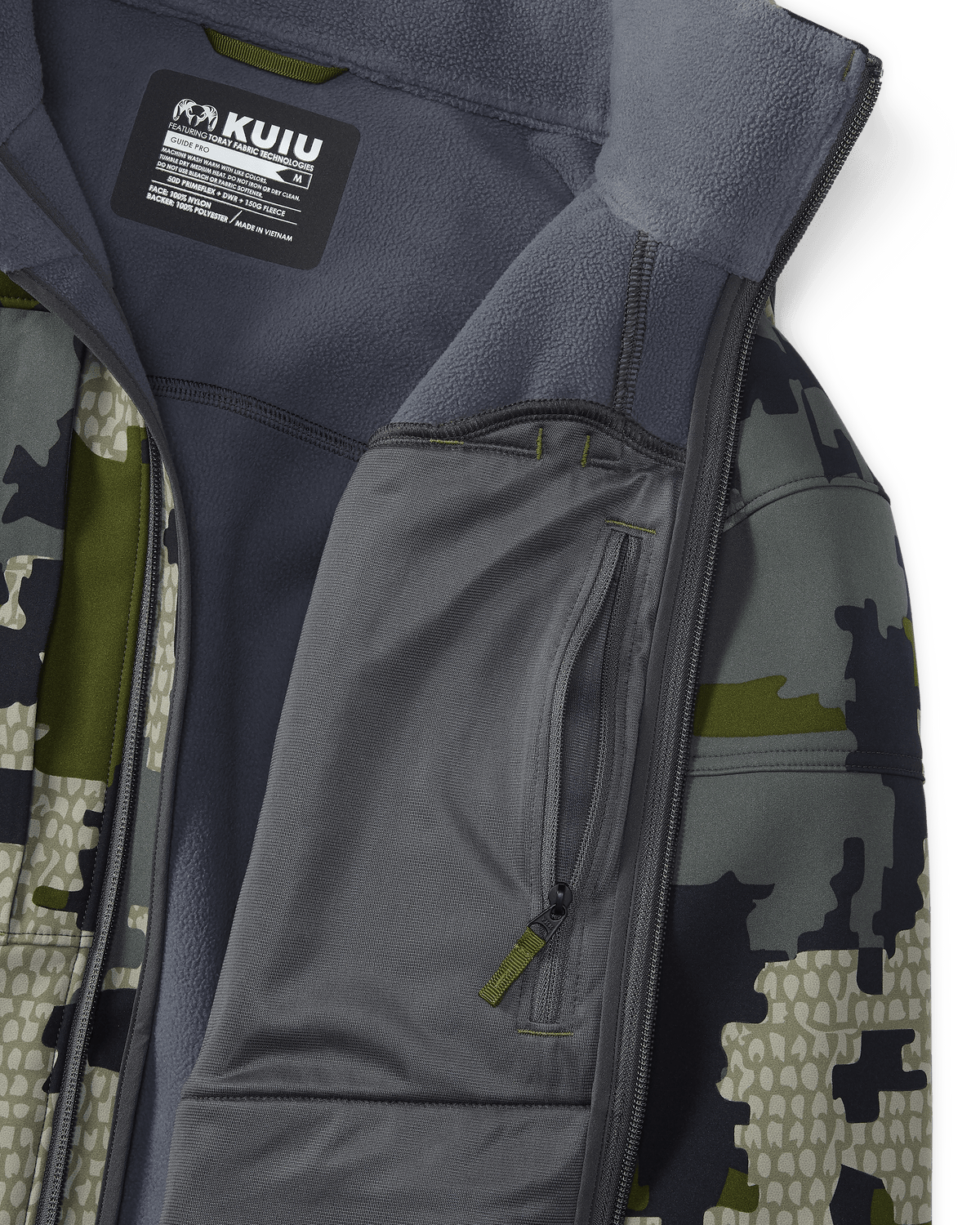 Front, Interior Profile of Guide Pro Hooded Jacket in Verde Camouflage Highlighting Interior Zippered Chest Pocket and Wind Resistant, Bonded Microfleece Interior