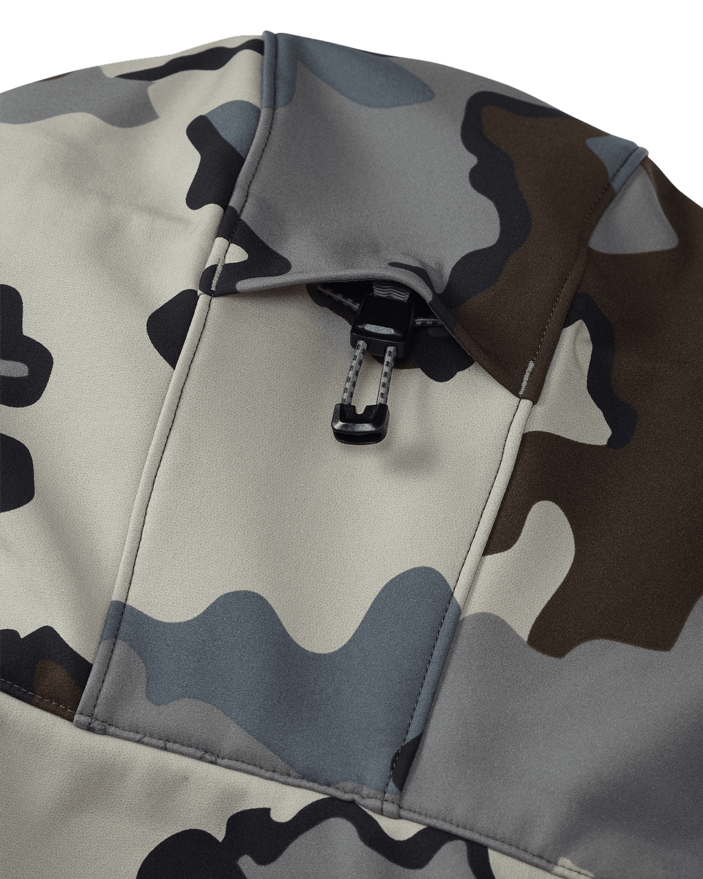 Back of Guide PRO Hooded Jacket in Vias Camouflage Highlighting 2-way Adjustable Storm Hood