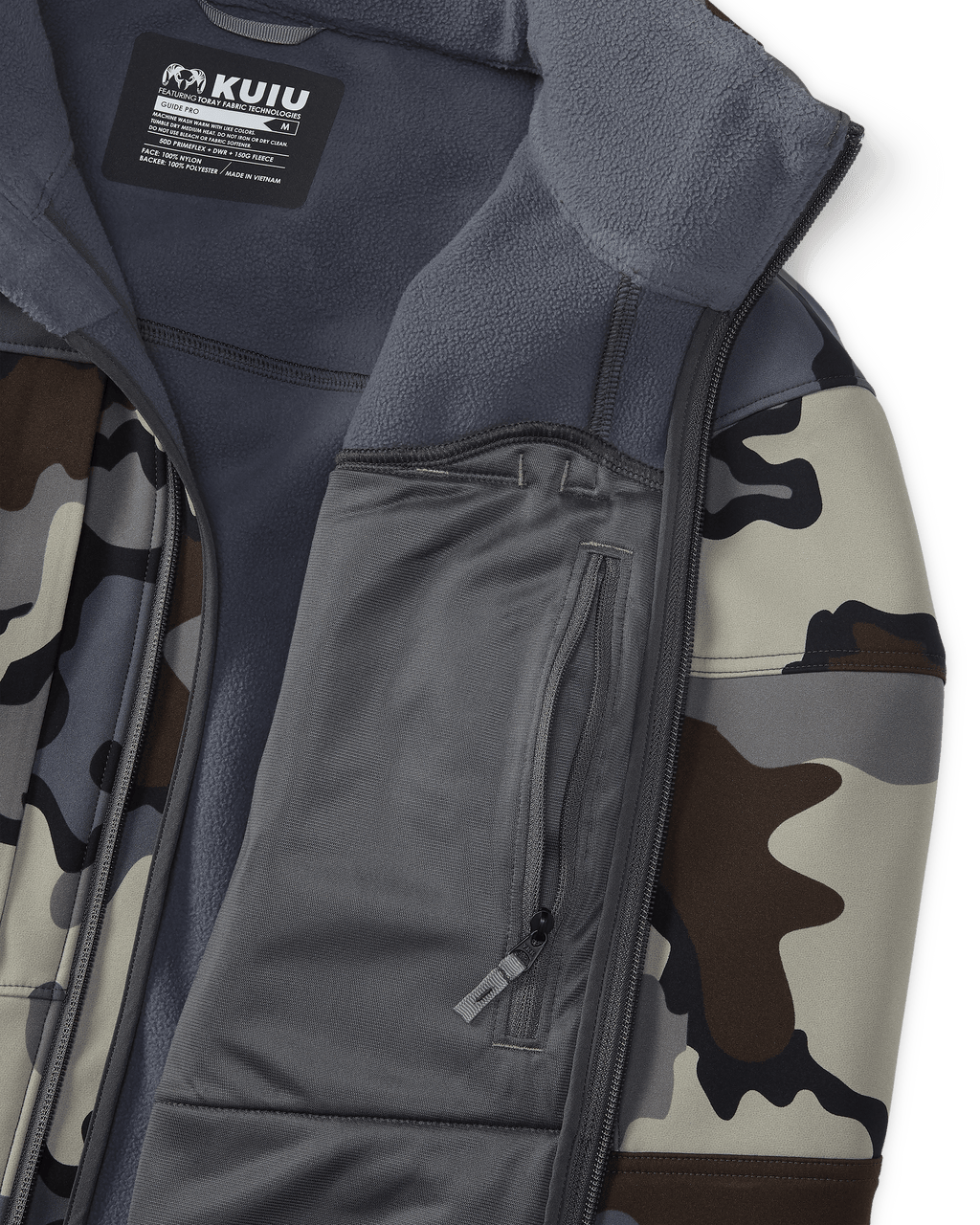 Front, Interior Profile of Guide Pro Hooded Jacket in Vias Camouflage Highlighting Interior Zippered Chest Pocket and Wind Resistant, Bonded Microfleece Interior