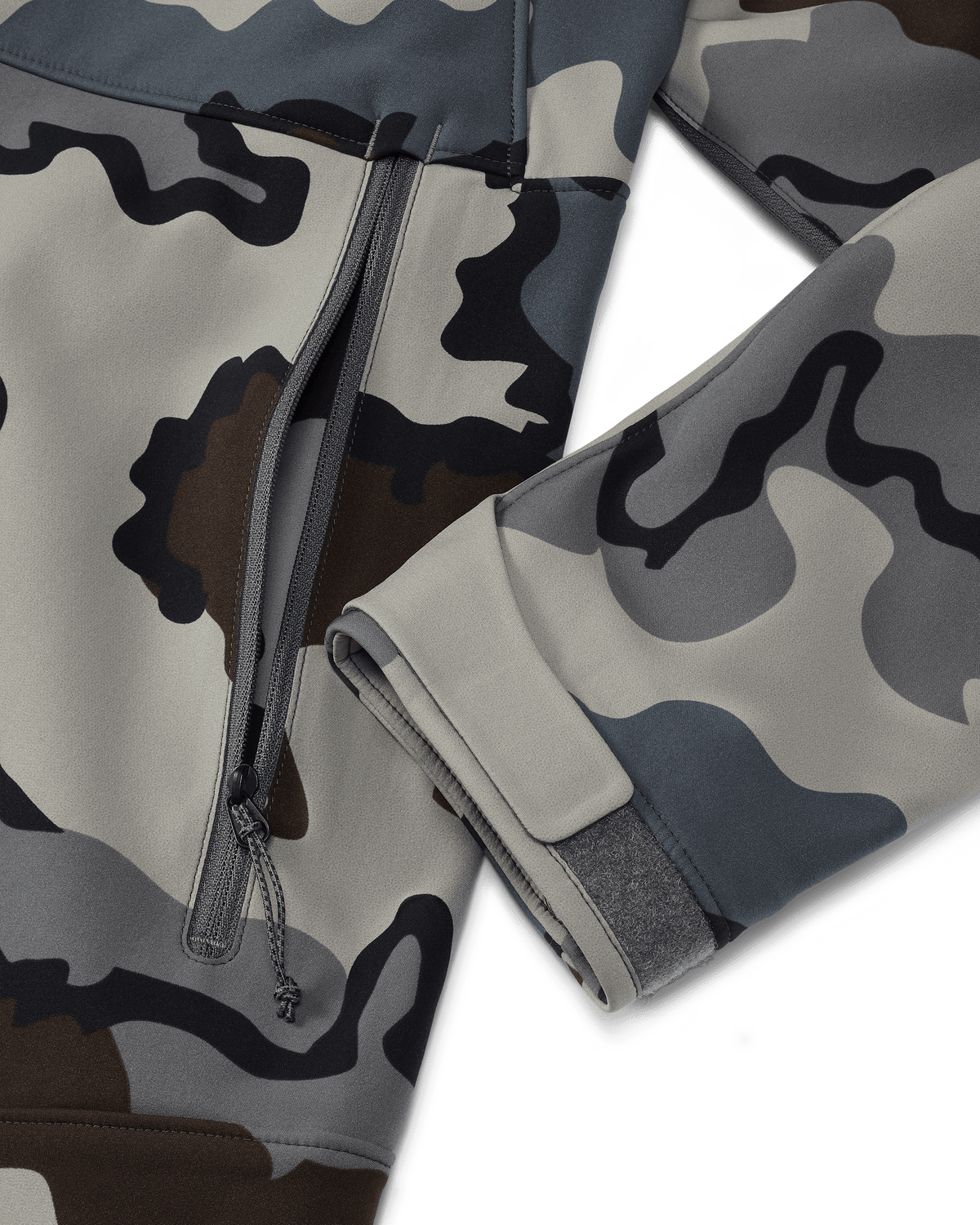 Front of Guide PRO Hooded Jacket in Vias Camouflage Highlighting YKK Zippered Hand Pocket and Adjustable Hoop and Loop Cuff Closure