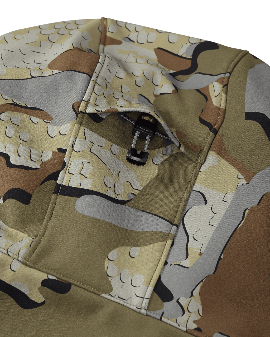 Back of Guide PRO Hooded Jacket in Valo Camouflage Highlighting 2-way Adjustable Storm Hood