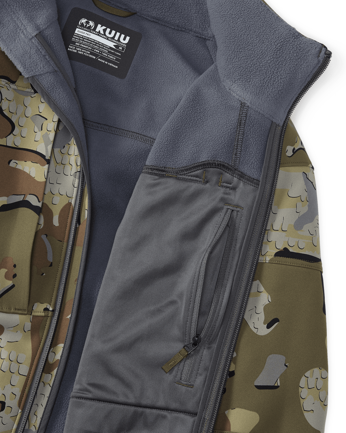 Front, Interior Profile of Guide Pro Hooded Jacket in Valo Camouflage Highlighting Interior Zippered Chest Pocket and Wind Resistant, Bonded Microfleece Interior
