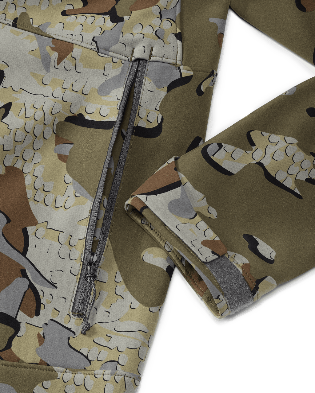 Front of Guide PRO Hooded Jacket in Valo Camouflage Highlighting YKK Zippered Hand Pocket and Adjustable Hoop and Loop Cuff Closure