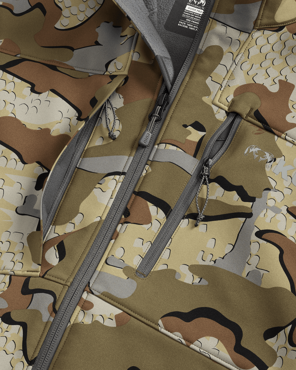 Front of Guide PRO Vest in Valo Camouflage showing chest zippers