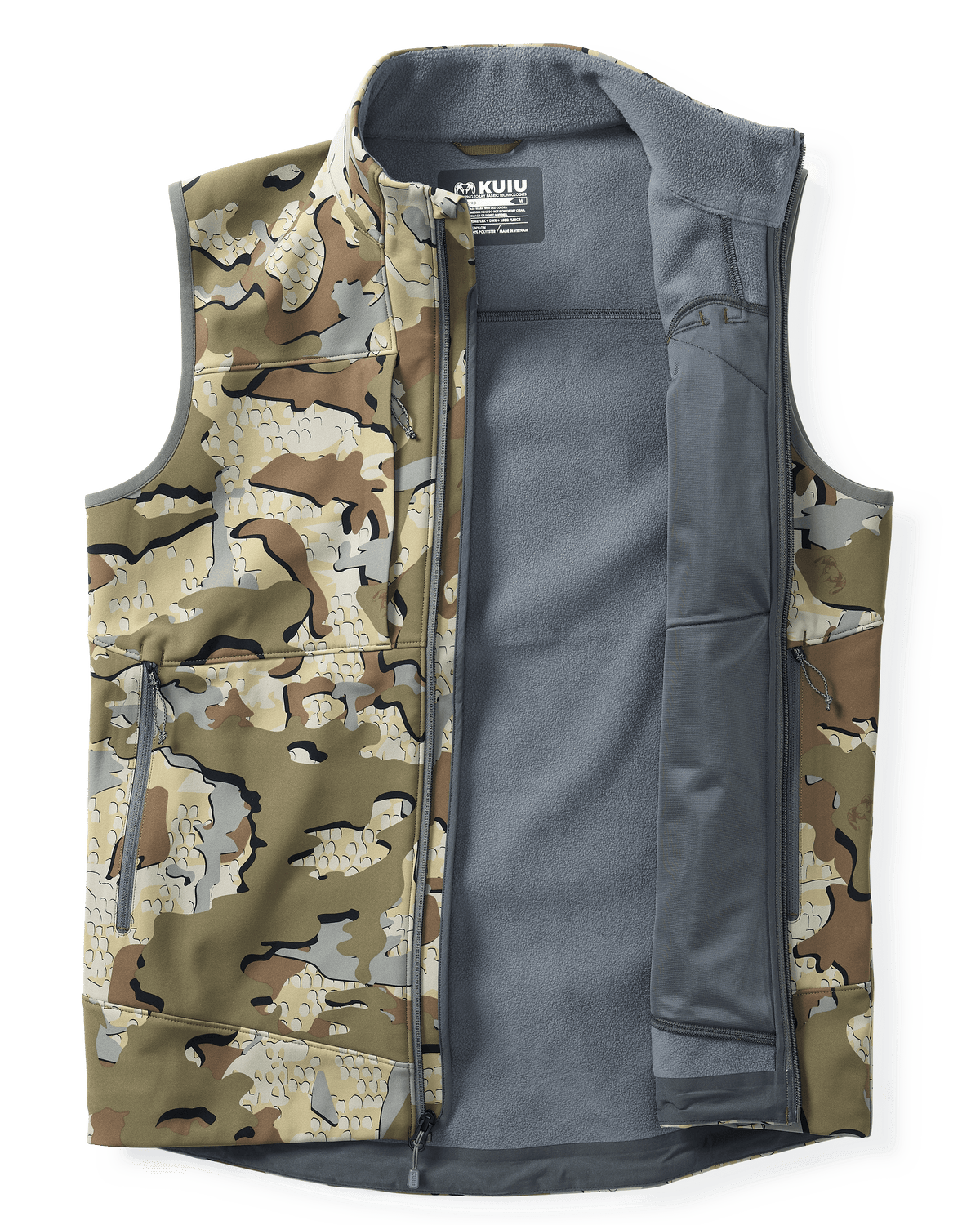 Valo Guide PRO Vest laid flat with left side of vest folded back onto itself to display the inner fleece lining of the vest