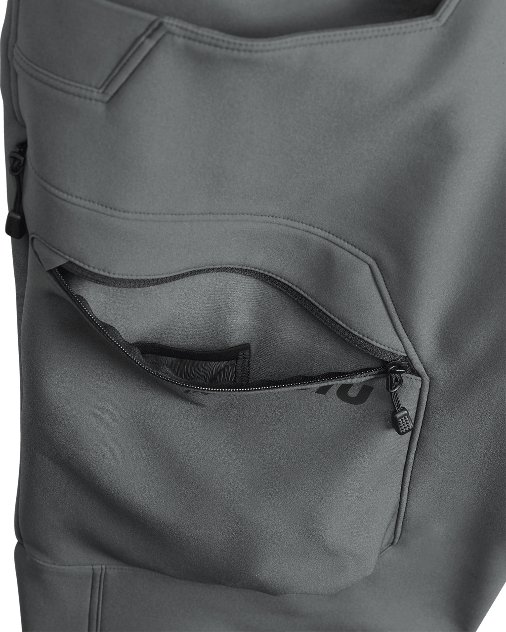 YKK Zippered Cargo Pocket of the Guide PRO Pant in Gunmetal Grey