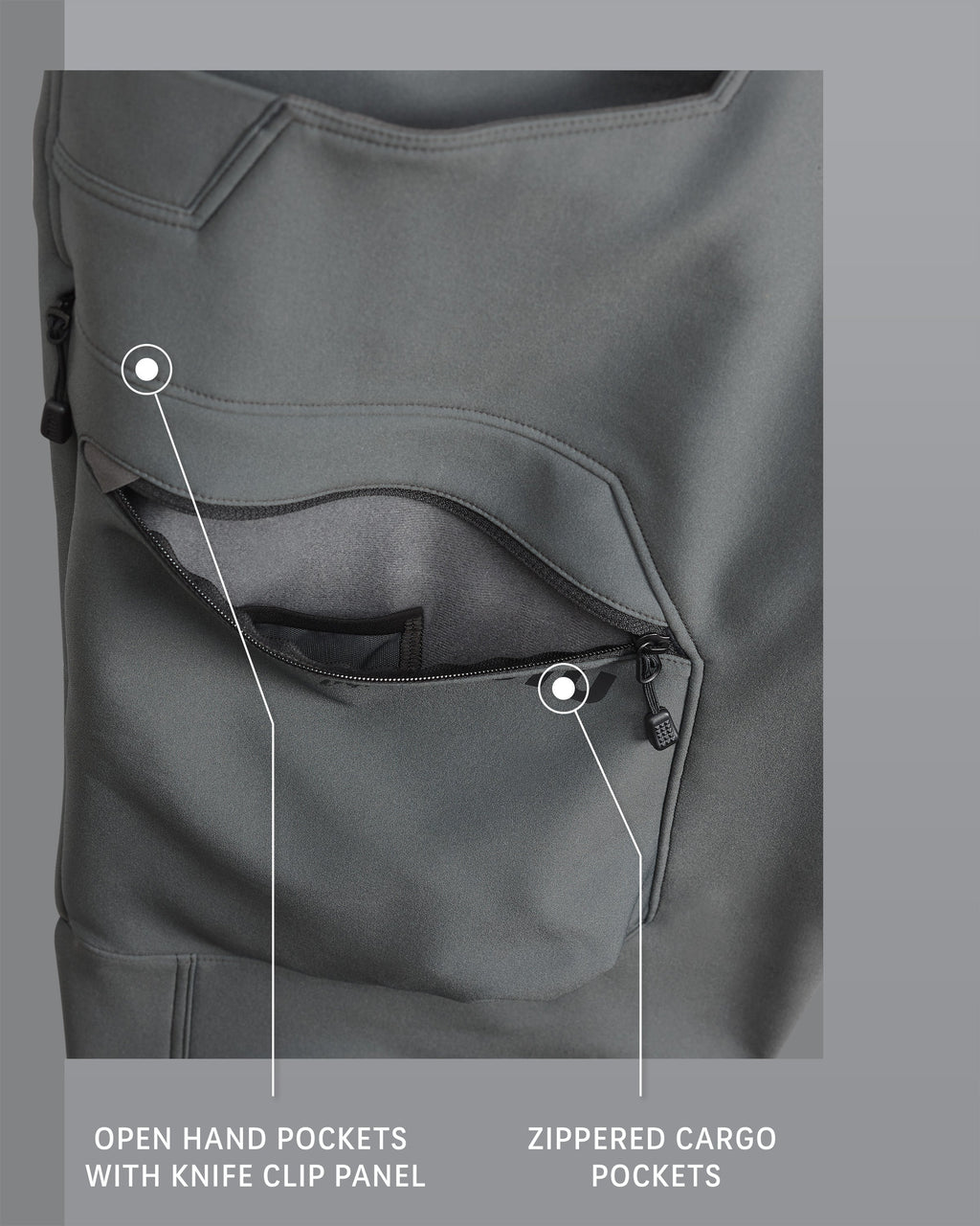 Guide PRO Pant in Gunmetal Grey, Open Hand Pockets with Knife Clip Panel and Zippered Cargo Pockets Detail Callout