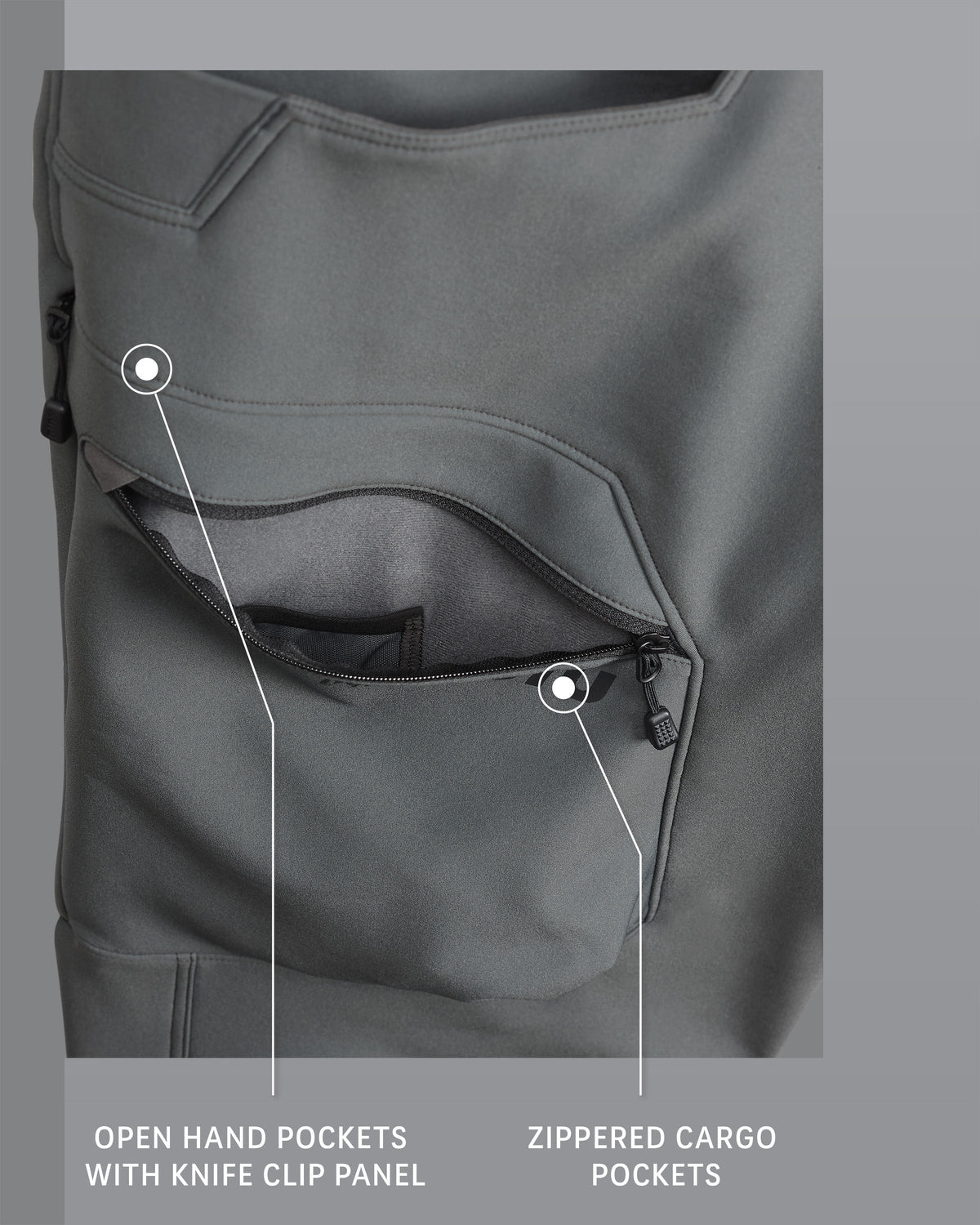 Guide PRO Pant in Gunmetal Grey, Open Hand Pockets with Knife Clip Panel and Zippered Cargo Pockets Detail Callout