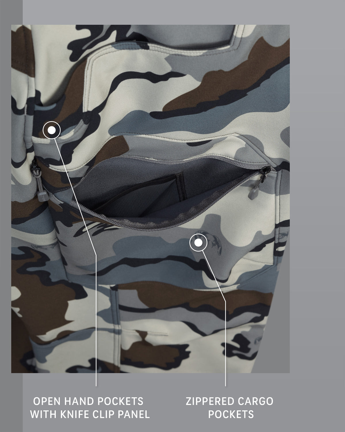 Guide PRO Pant in Vias Camouflage, Open Hand Pockets with Knife Clip Panel and Zippered Cargo Pockets Detail Callout