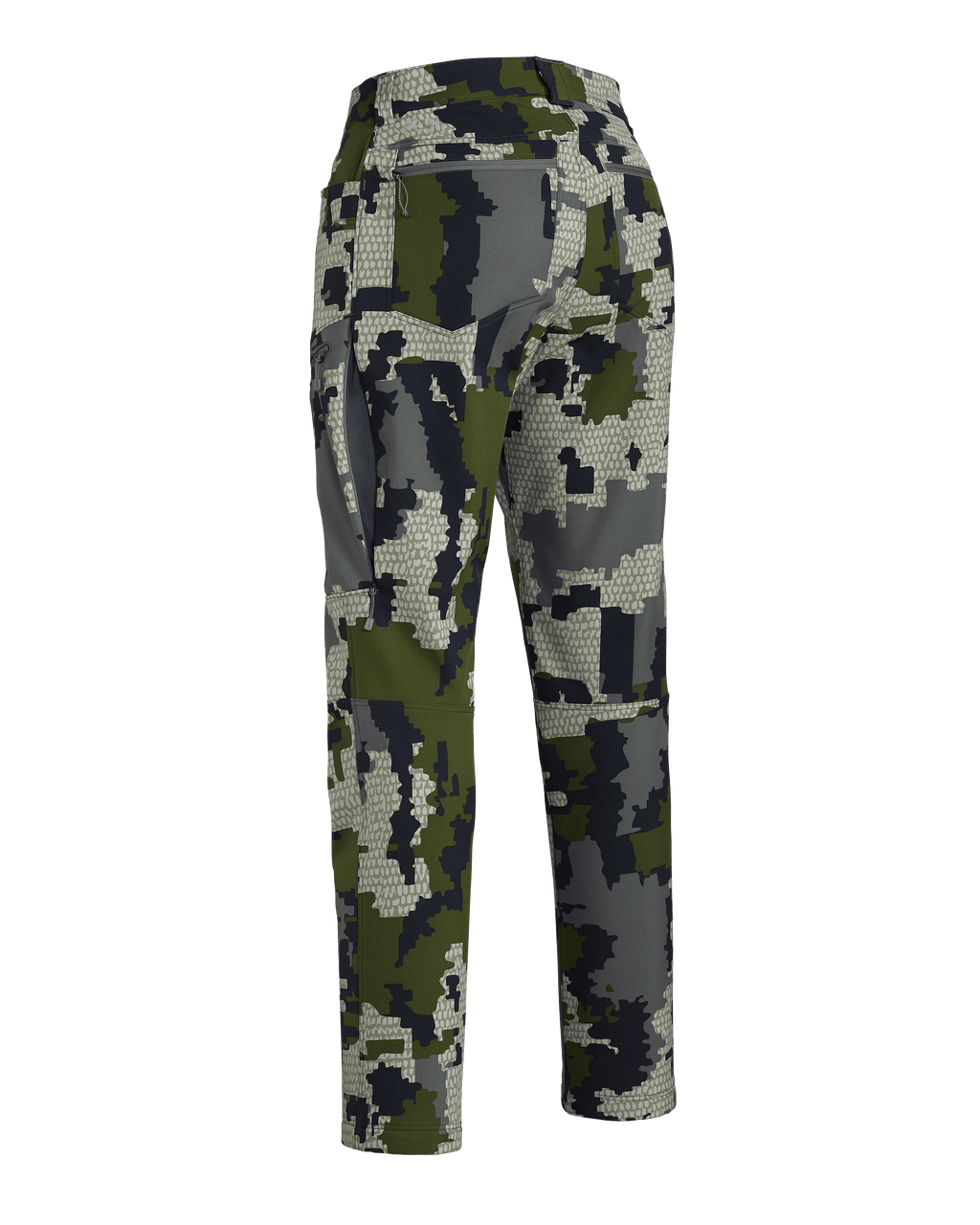 Back of Women's Guide PRO Pant in Verde Camouflage with open hip vent