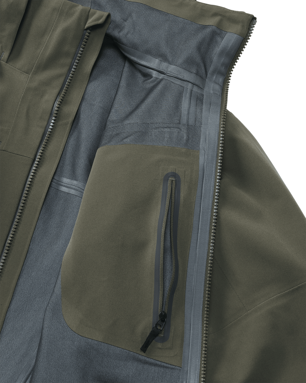 Interior view of Yukon TR Rain Jacket in Ash Brown showing internal zippered chest pocket and seam tape