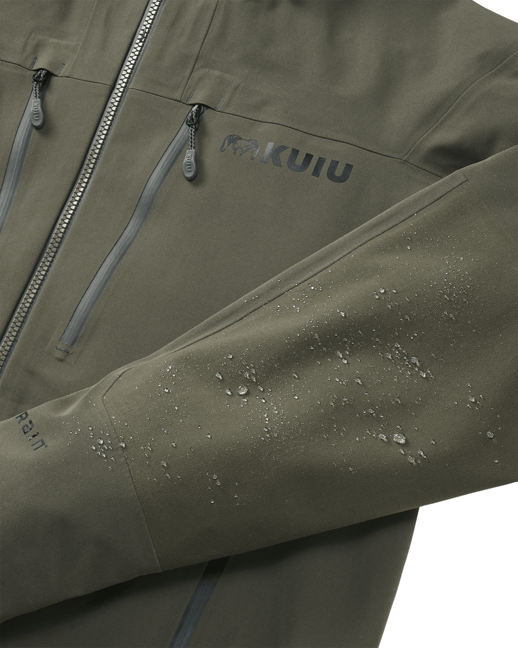 View of Yukon TR Rain Jacket in Ash Brown with water droplets on the sleeve