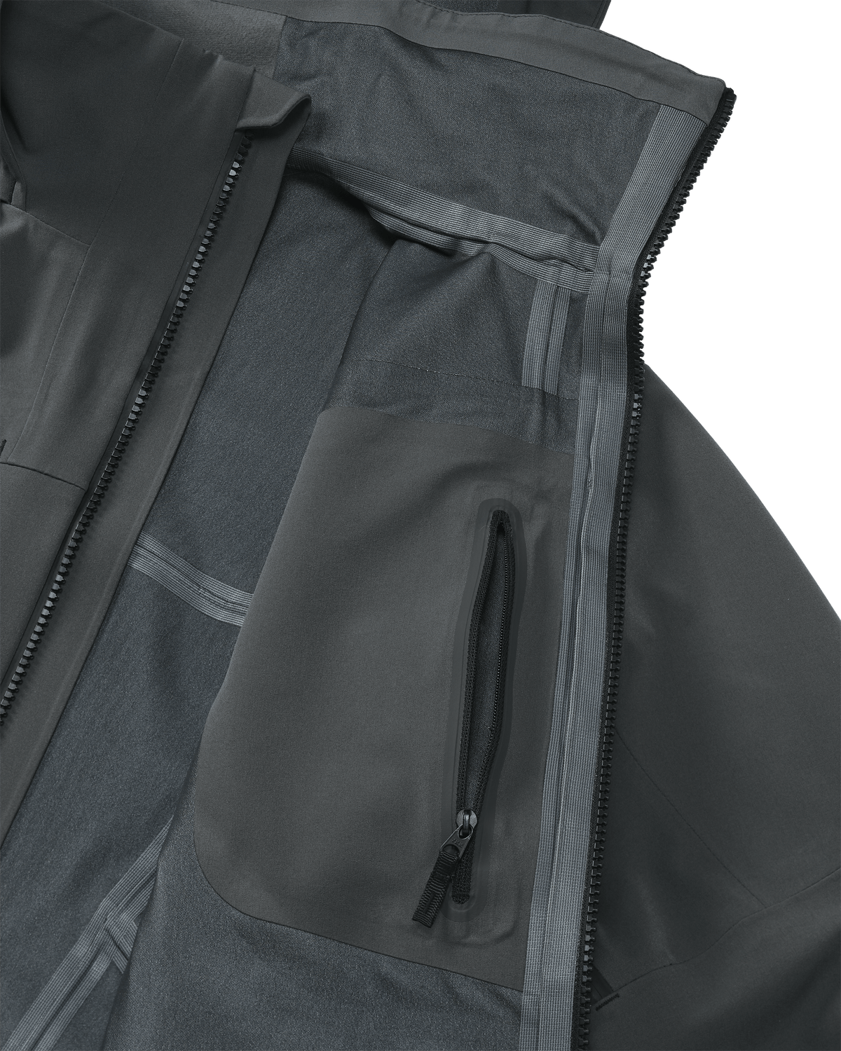 Interior view of Yukon TR Rain Jacket in Gunmetal Grey showing internal zippered chest pocket and seam tape