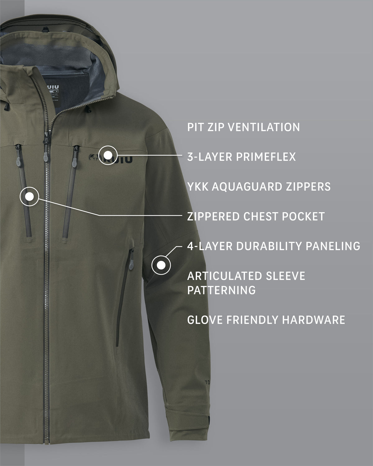 Yukon TR Rain Jacket in Ash Brown Detail Callout