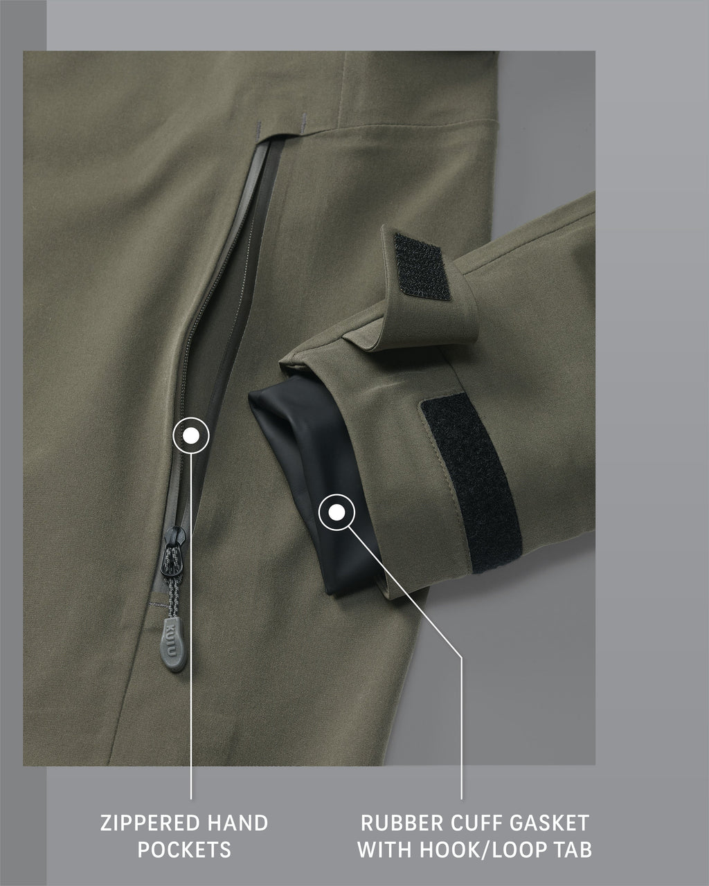 Yukon TR Rain Jacket in Ash Brown Zippered Hand Pockets and Rubber Cuff Gasket with Hook/Loop Tab Detail Callout