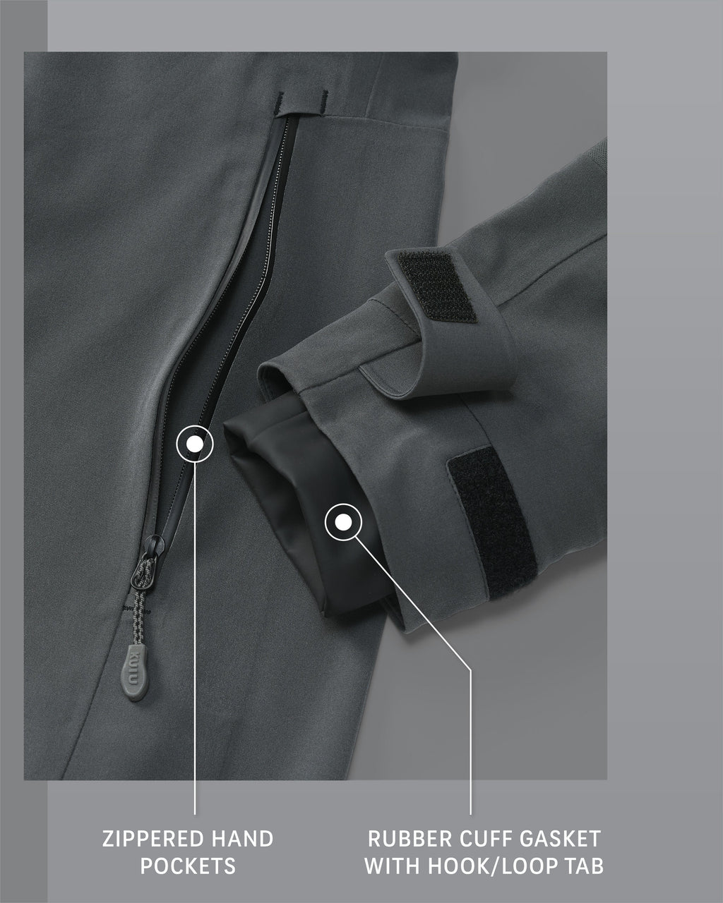 Yukon TR Rain Jacket in Gunmetal Grey Zippered Hand Pockets and Rubber Cuff Gasket with Hook/Loop Tab Detail Callout