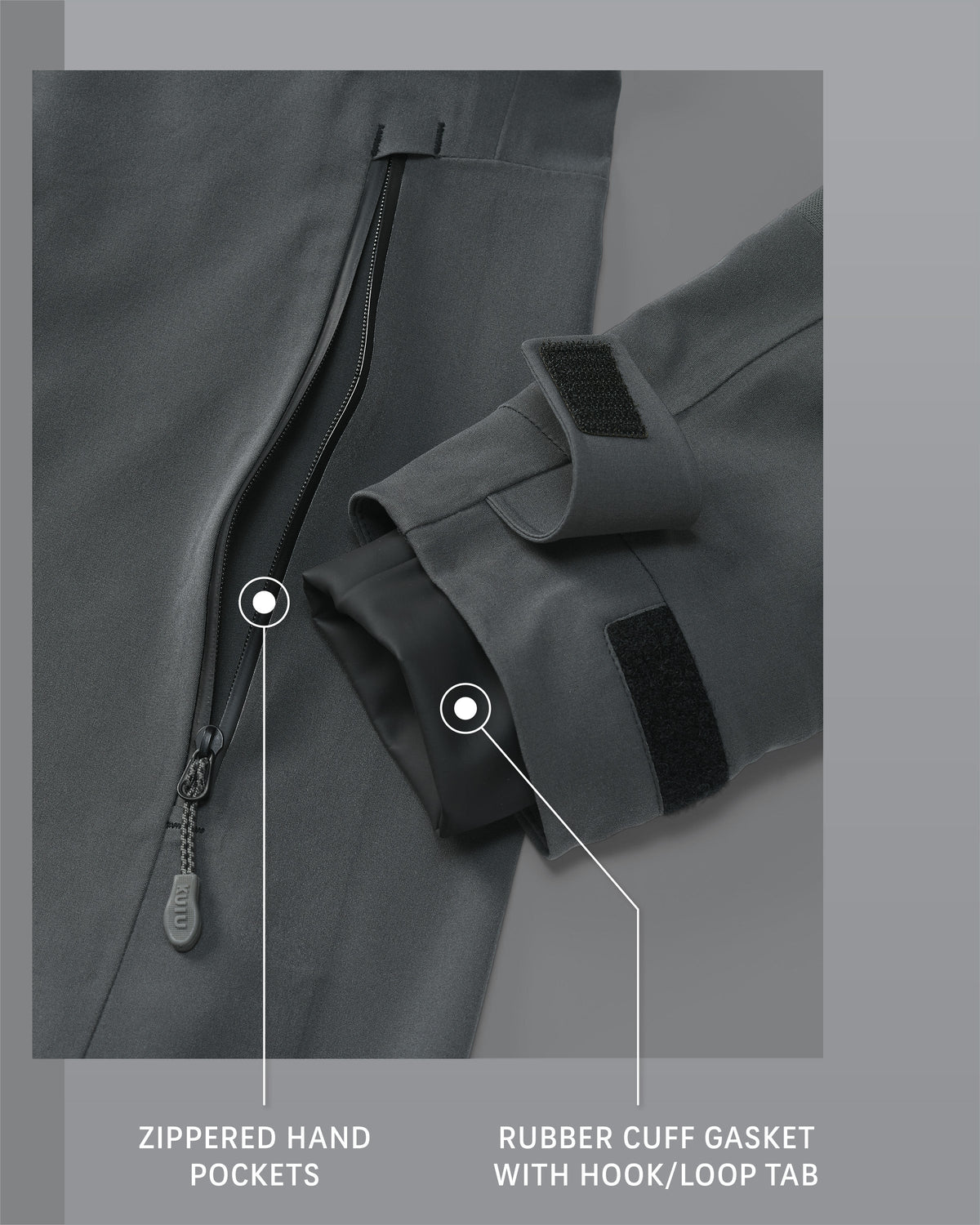 Yukon TR Rain Jacket in Gunmetal Grey Zippered Hand Pockets and Rubber Cuff Gasket with Hook/Loop Tab Detail Callout