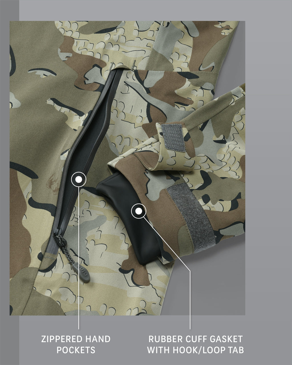 Yukon TR Rain Jacket in Valo Camouflage Zippered Hand Pockets and Rubber Cuff Gasket with Hook/Loop Tab Detail Callout
